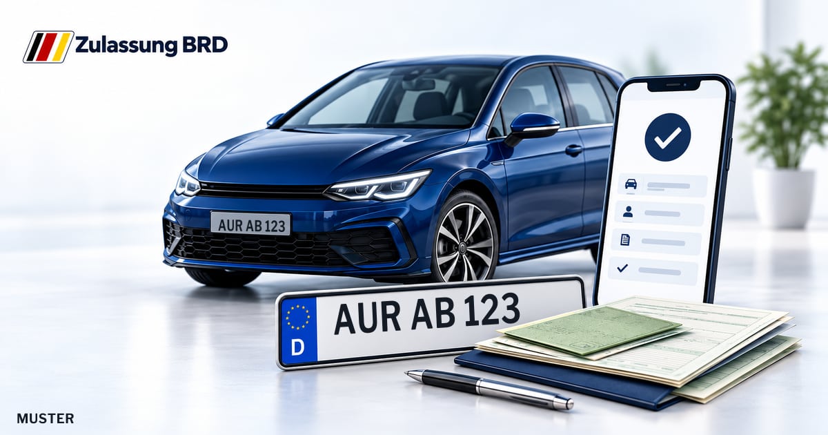 Online Fahrzeugzulassung in Ihlow: Musterkennzeichen AUR AB 123, Auto und Fahrzeugpapiere und Smartphone. Illustration mit Logo von Zulassung BRD.
